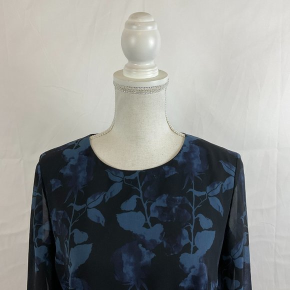 Hutch Dress 6 Blue Black Leaf Print Long Semi-Sheer Sleeve Drape Detail - Picture 2 of 13